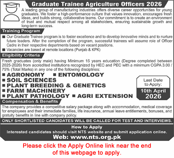“Graduate Trainee Agriculture Officer Program 2026 NTS apply online.”