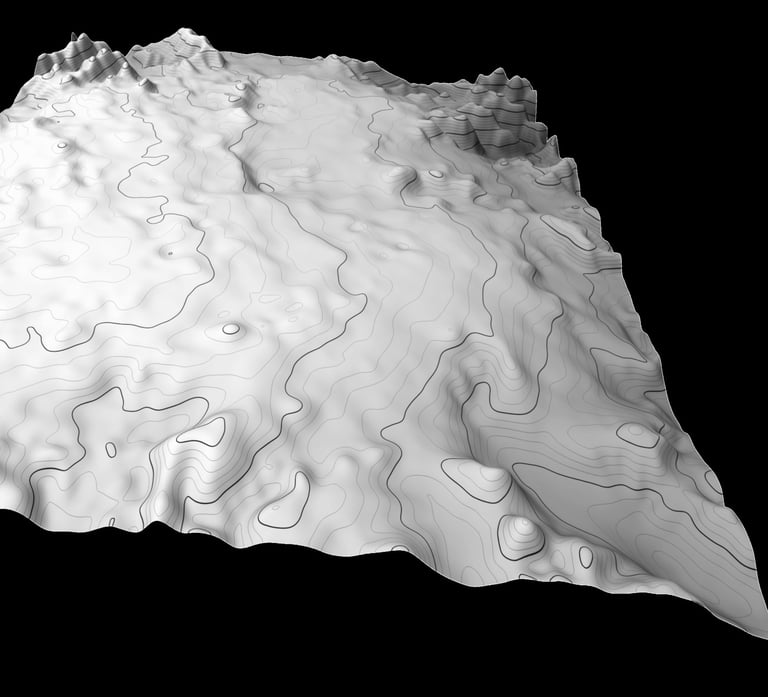 Modello Digitale del Terreno (DTM) e curve di livello (contour), rappresentante la morfologia del terreno