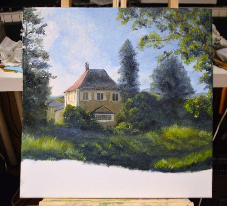 a painting of a house in a field