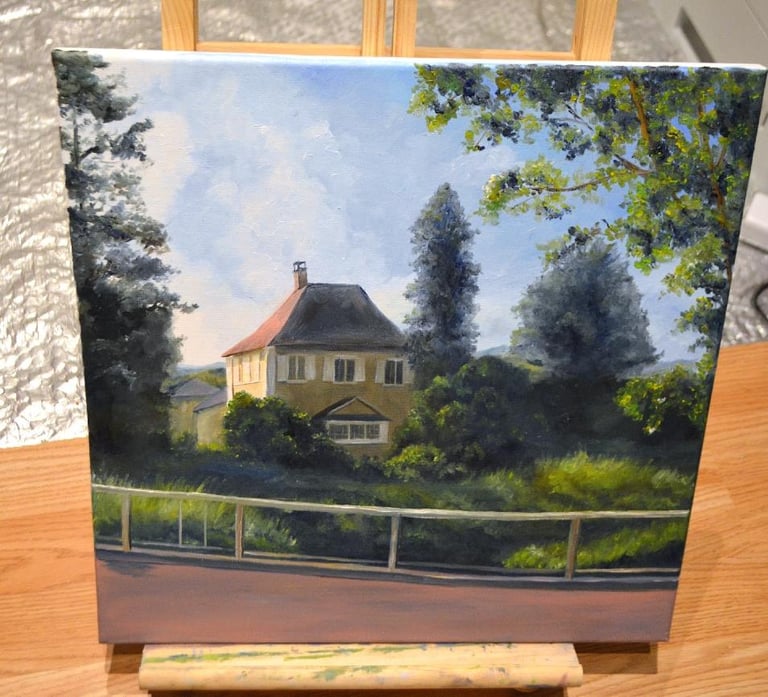a painting of a house with an incomplete fence