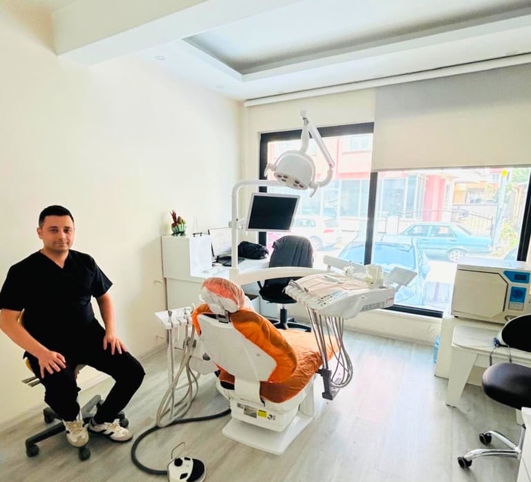 a dentist sitting in a chair in a room