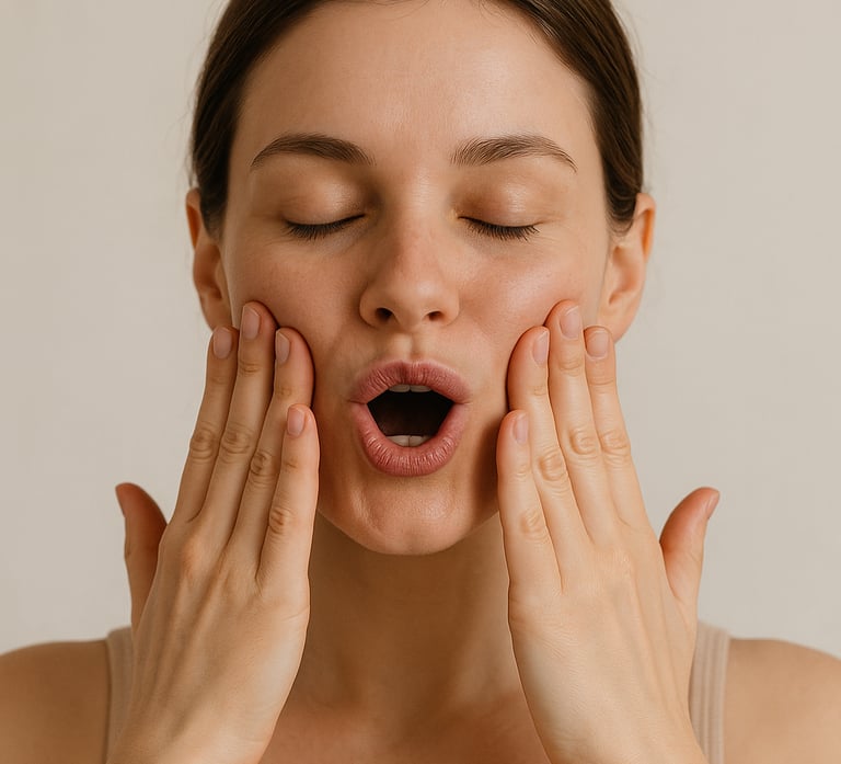A woman practicing face yoga by performing the Cheek Lifter exercise