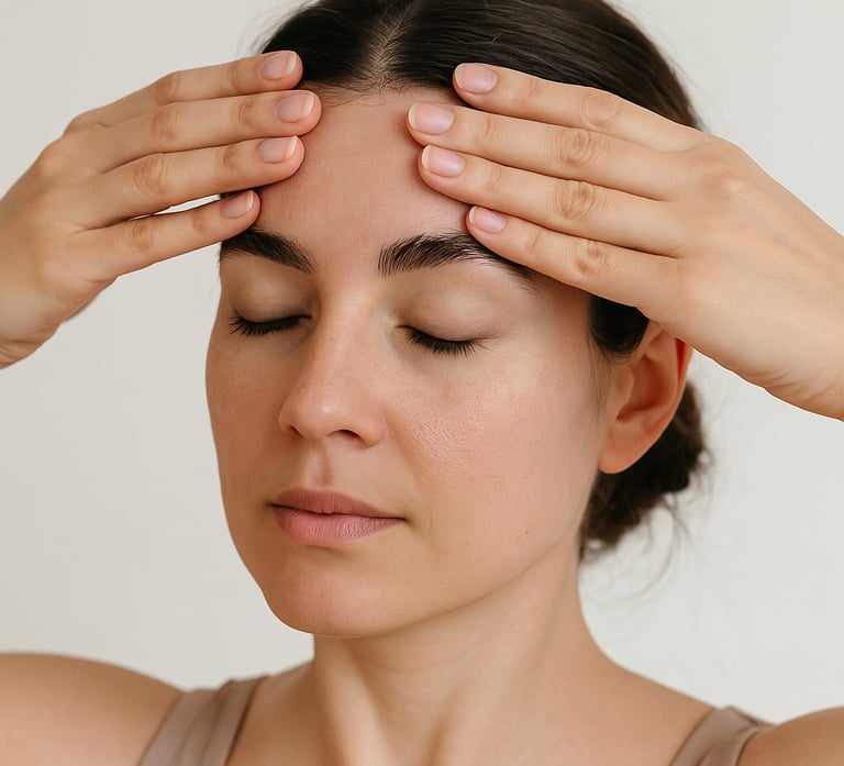 A woman practicing face yoga by performing the Forehead Smoother exercise