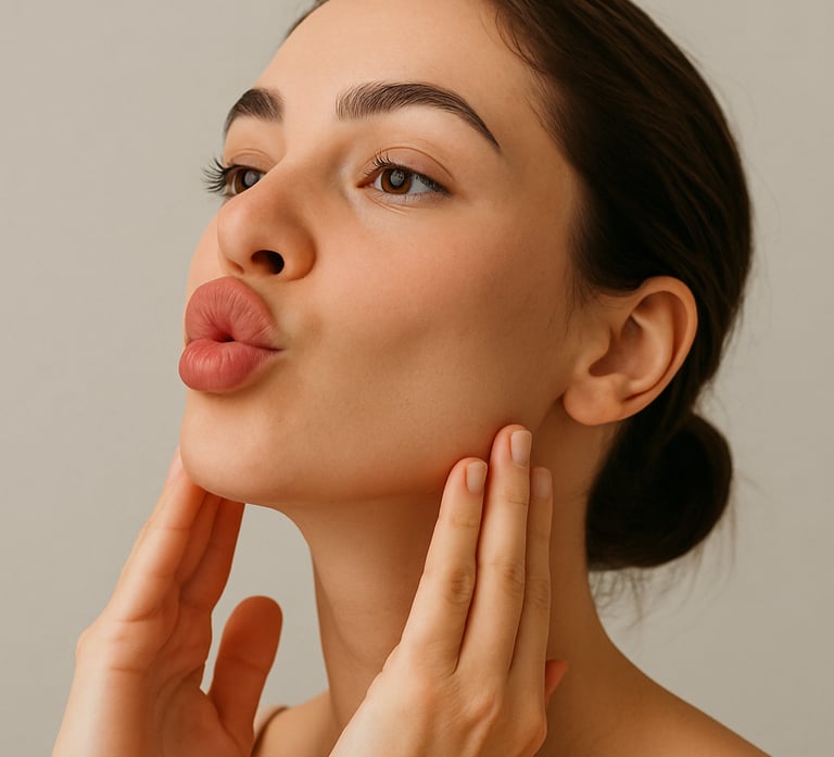 A woman practicing face yoga by performing the Jawline Shaper exercise