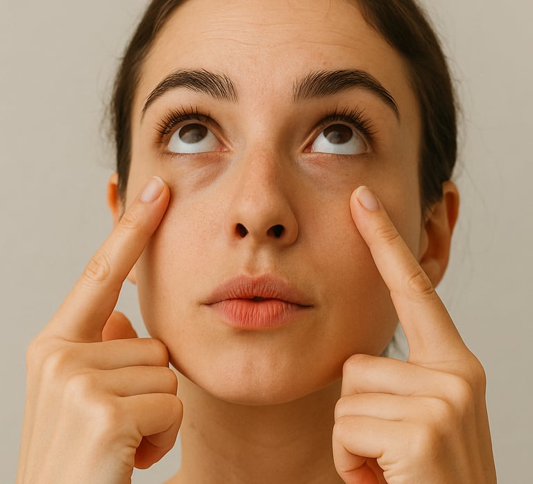 A woman practicing face yoga by performing the Eye Brightener exercise