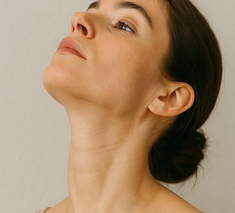 A woman practicing face yoga by performing the Neck Tightener exercise