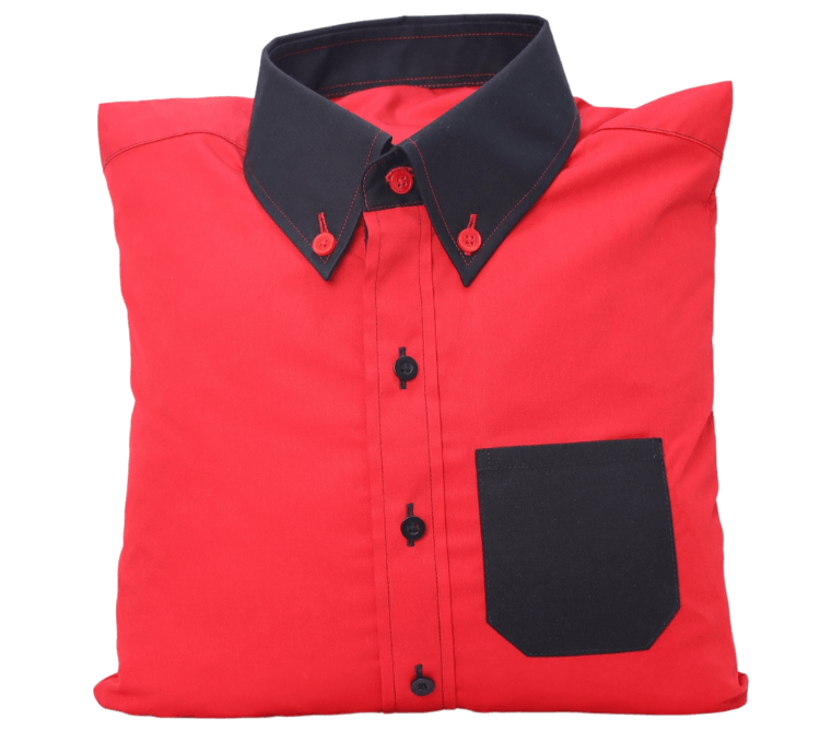 a red pillow designed as shirt with a black collar and pocket