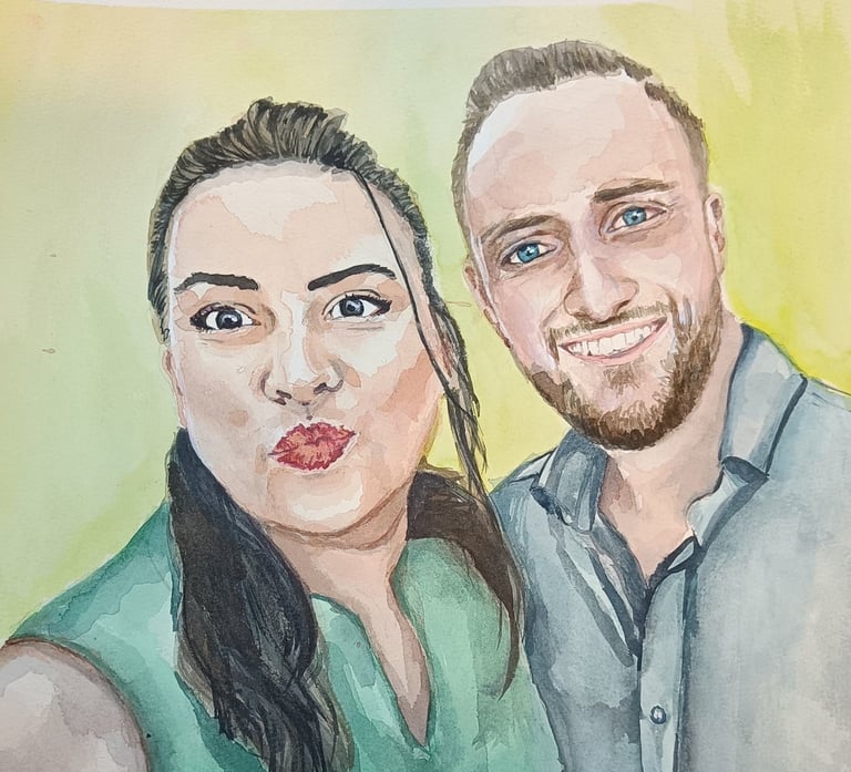 Young couple in watercolor portrait