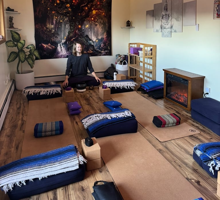Bhakti House Yoga Studio with Props and Mats Laid Out