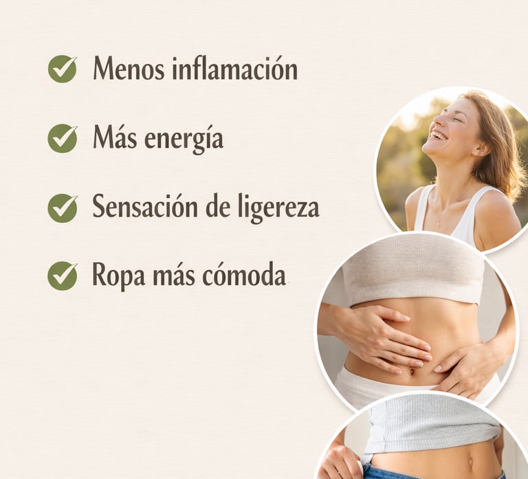 Beneficios de desinflamación abdominal y bienestar corporal con menos inflamación y más energía.