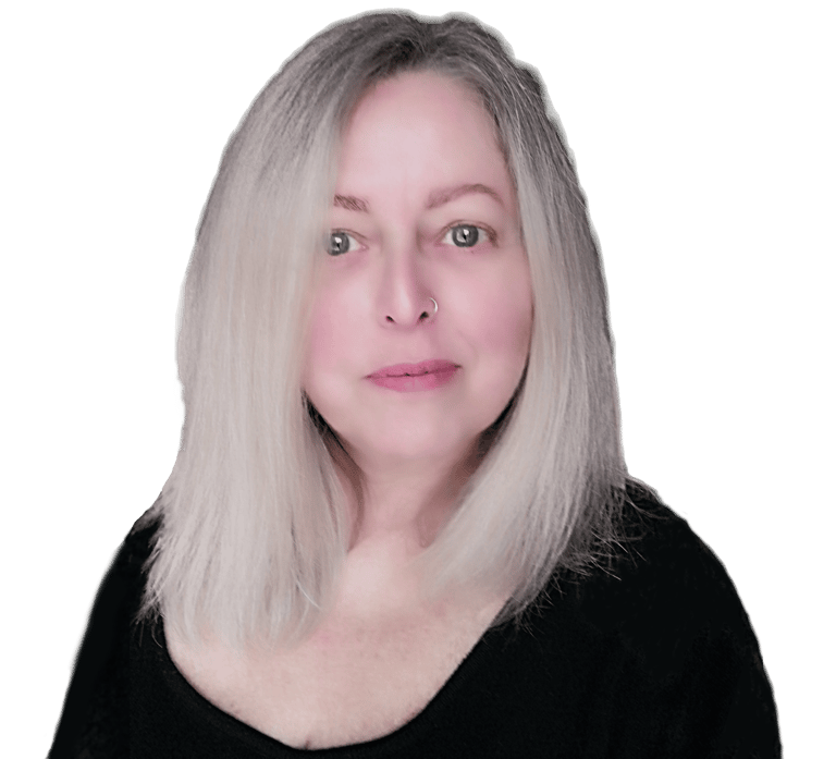 Middle-aged woman with long blonde hair and a nose ring