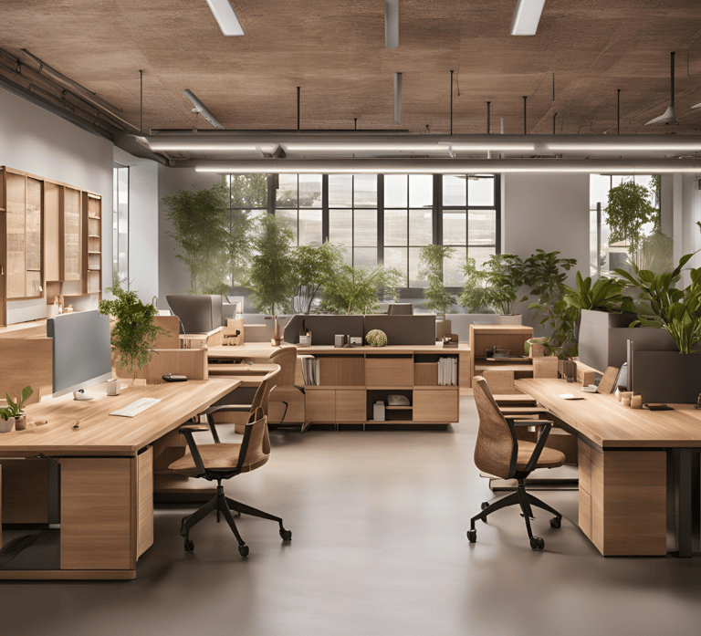 a large open office with a desk and a computer- sustainable workspace