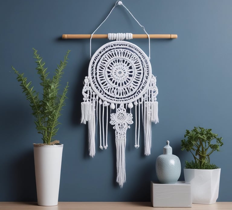 Tapiz de pared de macramé blanco hecho a mano, con diseño circular de mandala sobre una pared azul.