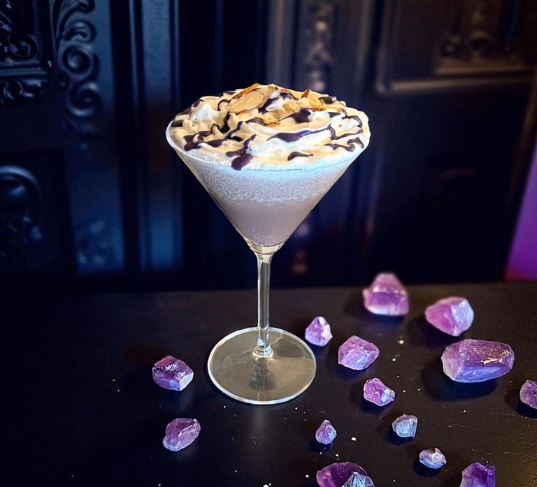 Spiced Espresso Colada with purple Ube. Halloween cocktail for St Louis events by Bender Mixology.