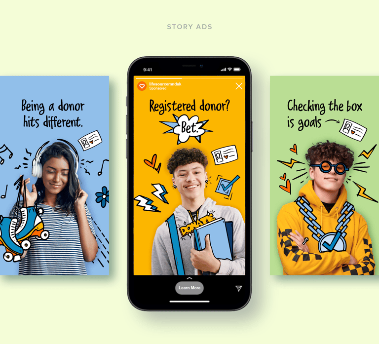 Donate Life Midwest youth campaign digital banner ads in phone mockup