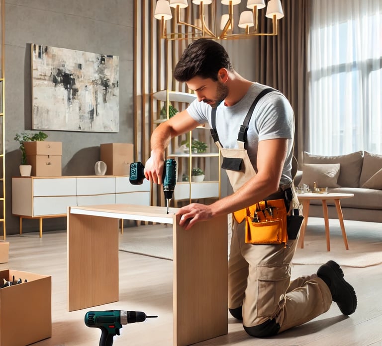 A professional handyman in London assembling a piece of furniture, demonstrating efficiency and skil