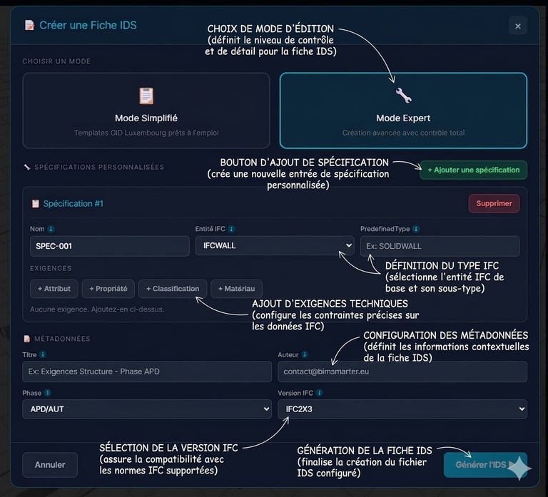  Mode Expert IDS BIMsmarter — spécifications IFC personnalisées IFCWALL