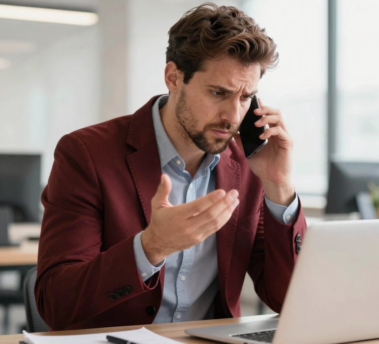 An illustration showing a frustrated marketer surrounded by ringing phones and missed notifications.