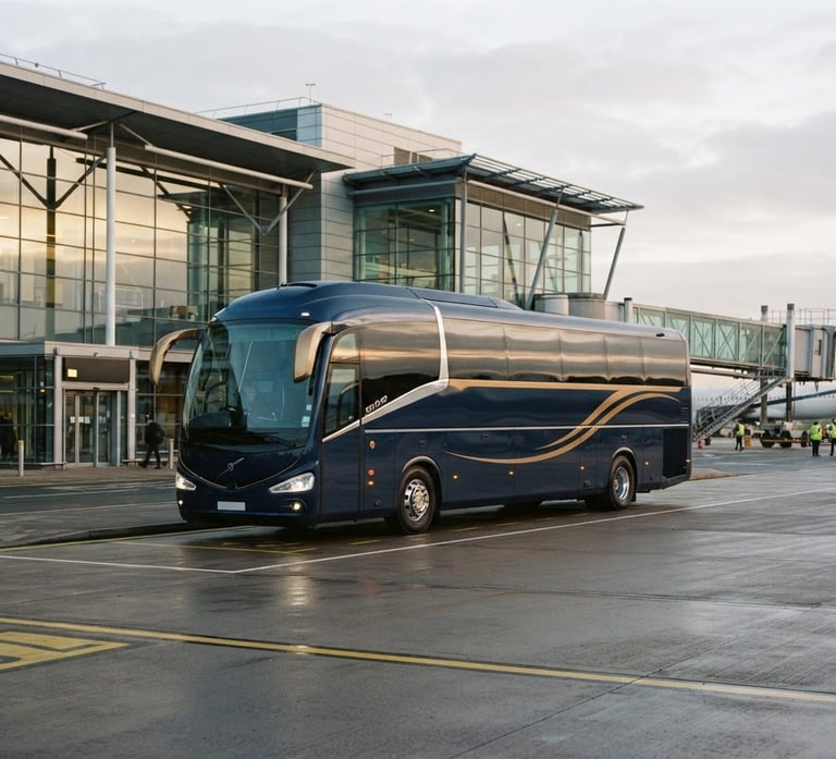 Modern luxury coach parked at a UK airport terminal at golden hour, clean lines, professional aesthetic, soft overcast daylight, deep navy and gold tones, crisp architectural framing, 35mm