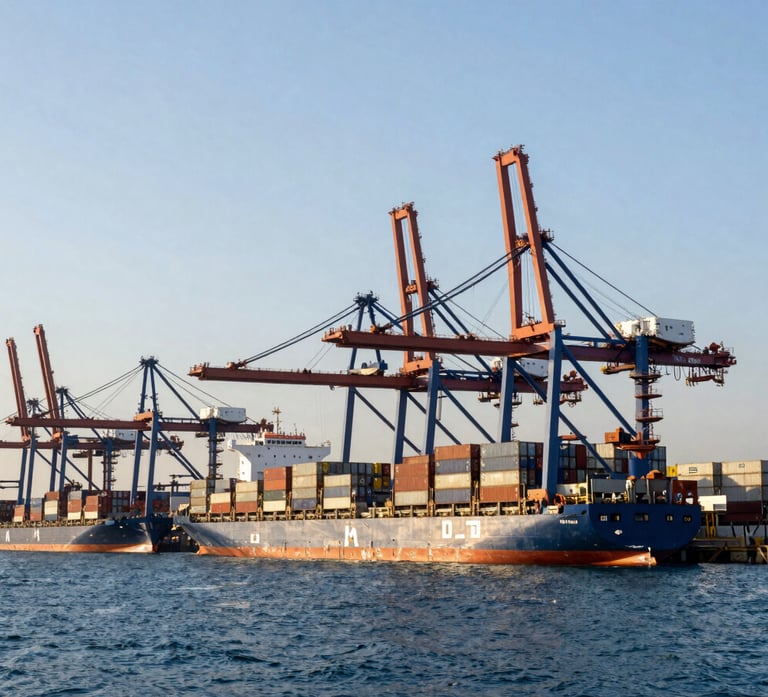 Wide-angle crisp industrial photography of modern shipping port at cool morning light, container cranes towering over cargo vessels, deep blue water, sharp focus, 35mm lens.