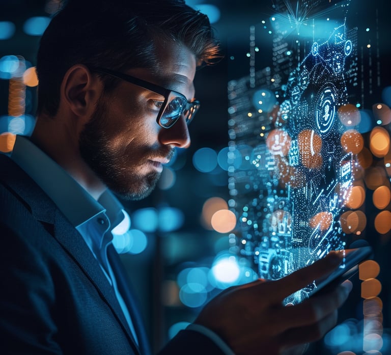 a man in a suit and glasses holding a cell phone using generative AI 