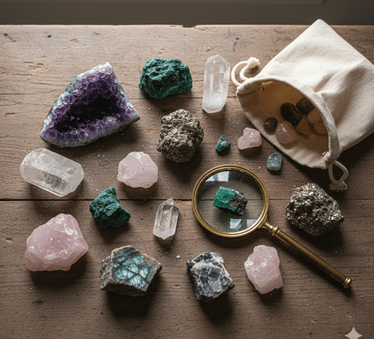 Colección de cristales sanadores y minerales brutos, como amatista y cuarzo rosa, sobre una mesa