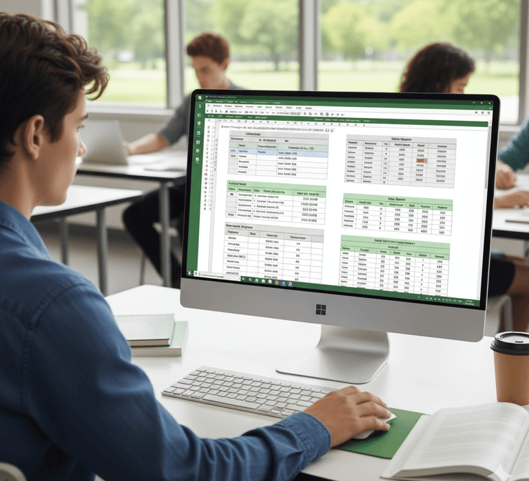 Students working on Excel spreadsheets in a computer lab with desktop systems