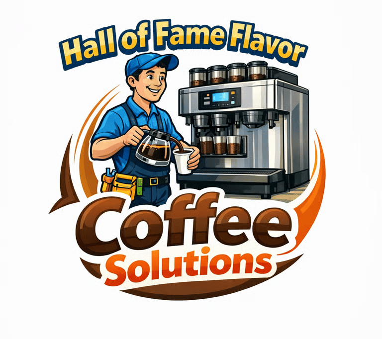 Coffee Solutions logo featuring a technician pouring fresh coffee from a professional espresso machine.