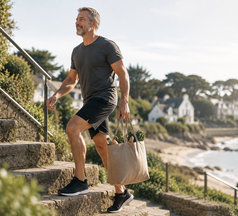 Homme de 40+ en mouvement au bord de la mer portant sac de retour du marché à Arzon