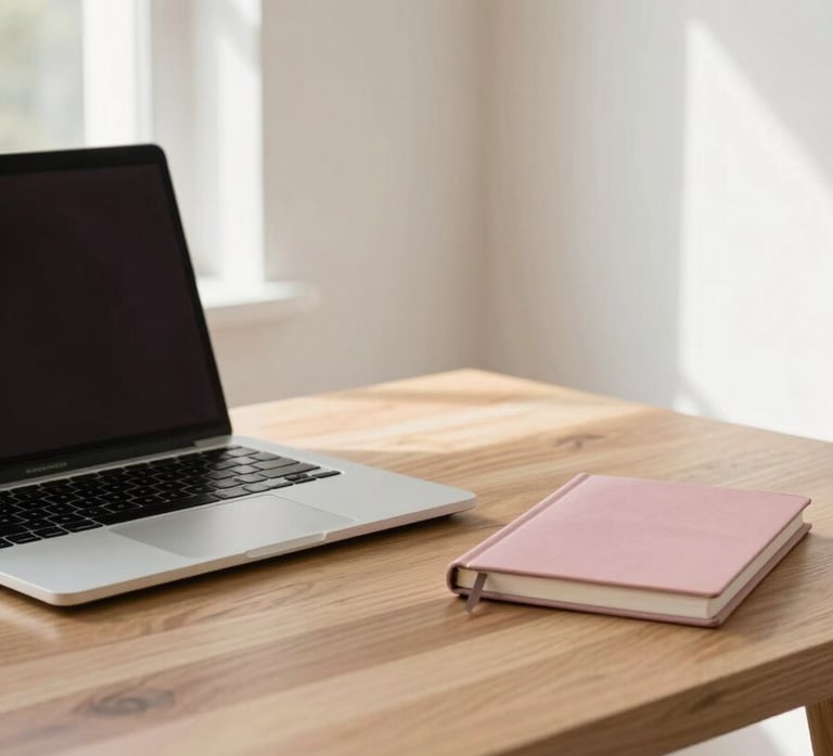 A bright, airy home office featuring a clean wooden desk, a slim laptop, and a soft dusty pink notebook. The background consists of soft off-white walls and natural light streaming from a window, creating a calm, organized atmosphere.