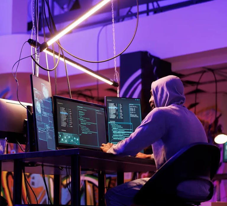 A computer hacker sitting by a table and viewing 3 computer screens