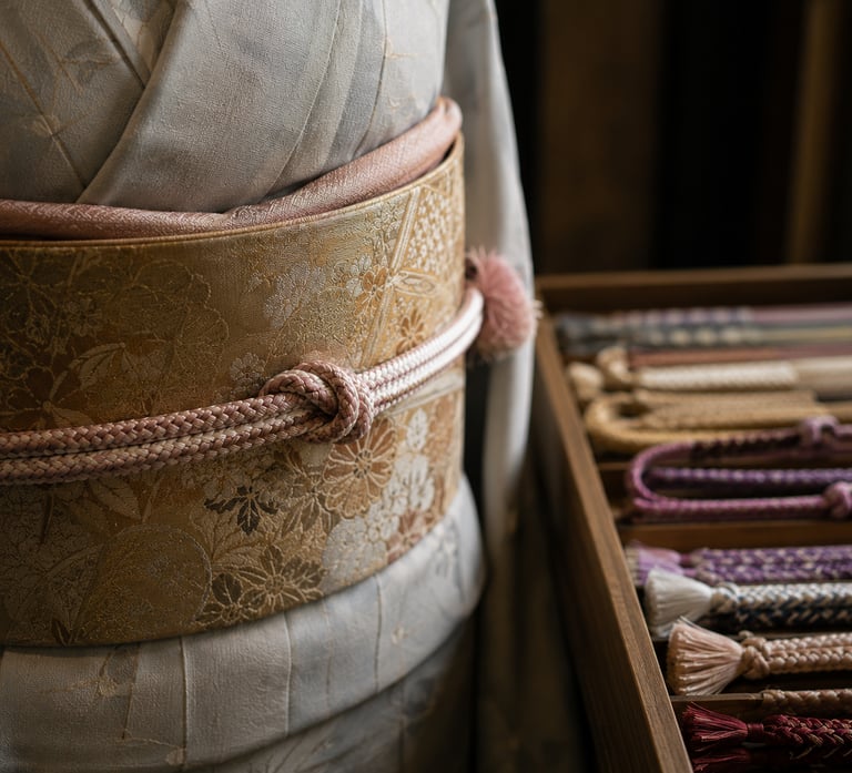 Elegant Japanese kimono with a gold floral obi belt and pink braided obijime cord.