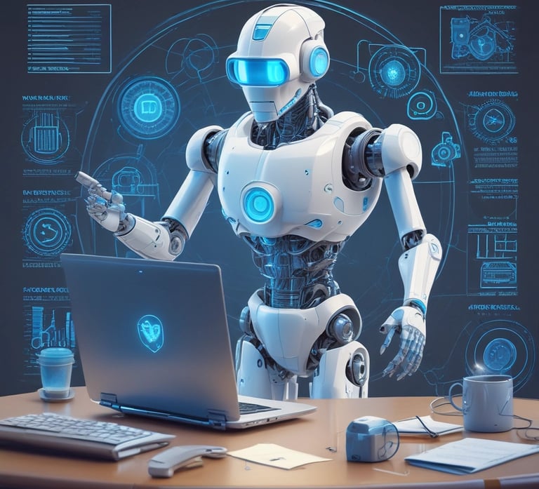 A small, round robot with a smooth white surface and blue accents operates a blue laptop on a sleek, floating platform. The robot has glowing eyes and an antenna on its head, with an 'AI' emblem on its front.