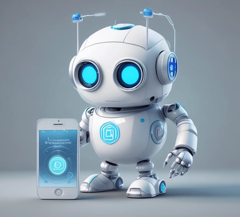 A small, round robot with a smooth white surface and blue accents operates a blue laptop on a sleek, floating platform. The robot has glowing eyes and an antenna on its head, with an 'AI' emblem on its front.