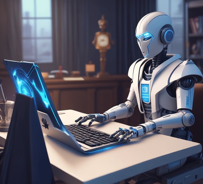 A small, round robot with a smooth white surface and blue accents operates a blue laptop on a sleek, floating platform. The robot has glowing eyes and an antenna on its head, with an 'AI' emblem on its front.