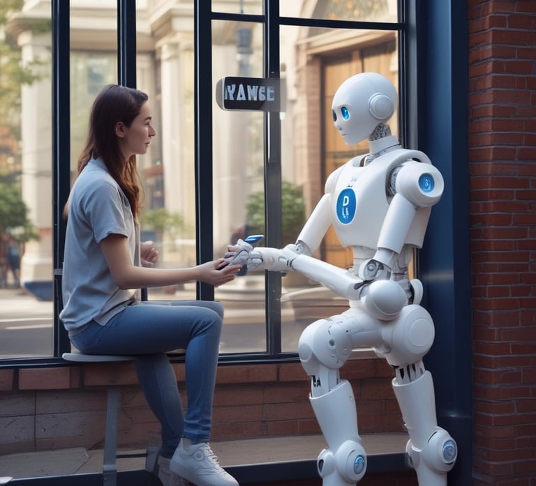 A small, white humanoid robot with blue accents, including eyes, mouth, and a circular badge with the letters 'AI' on its chest, is positioned in front of a blue laptop on a metallic surface. The robot has a simple, smooth design with two cylindrical arms and a small antenna on top.