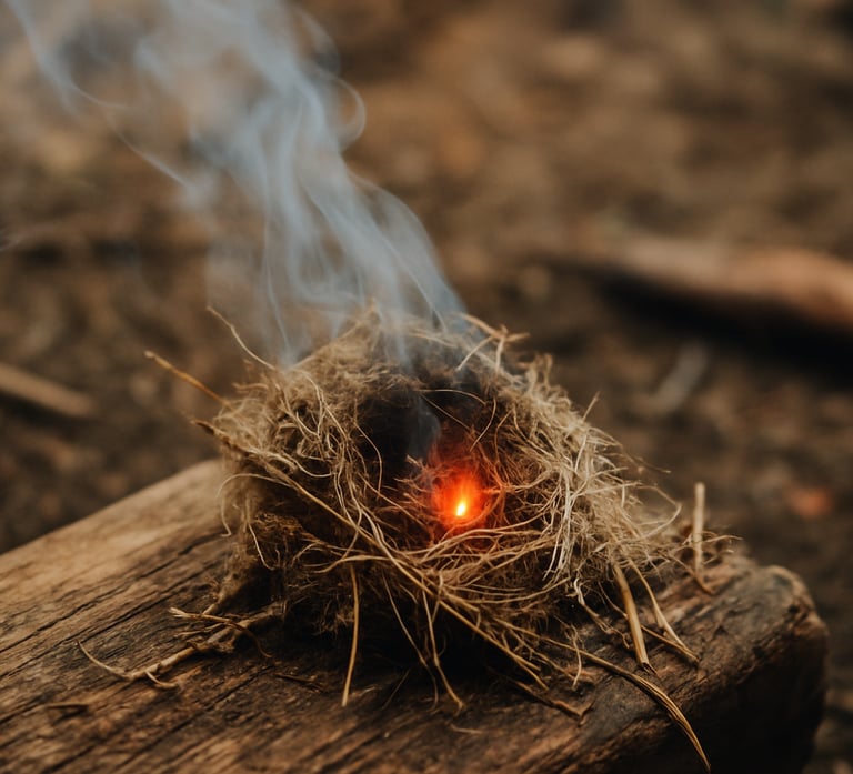 Glowing ember in tinder bundle starting to smoke in outdoor setting