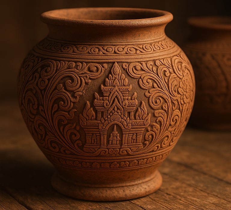 Handcrafted terracotta pot with intricate heritage temple carvings, symbolizing ancient artistry and