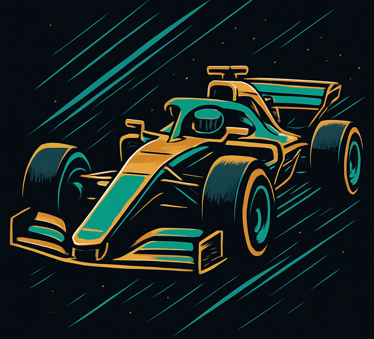 Animated Formula racing car in gold, black, and turquoise colors, showcasing speed, technology, and 