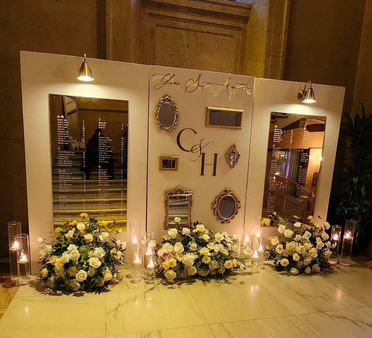 a gold accent wedding seating chart with candles 