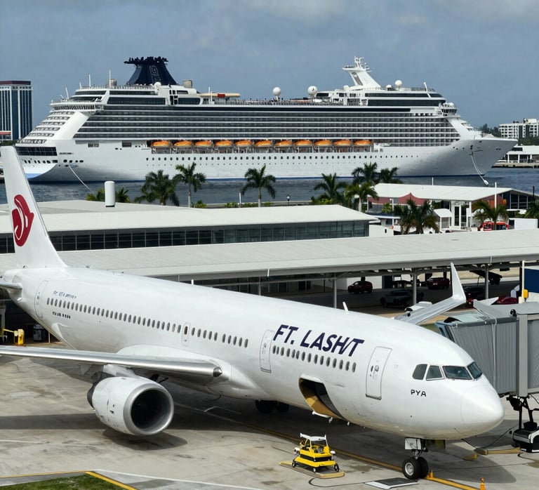 The modern terminal at New Orleans cruise port with a cruise ship preparing to set sail.