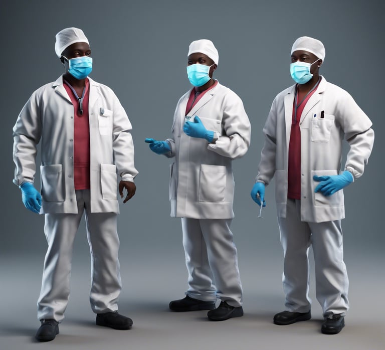 Two surgeons wearing blue surgical gowns and caps perform an operation under bright surgical lights. Medical equipment and monitors surround them in a sterile operating room environment.