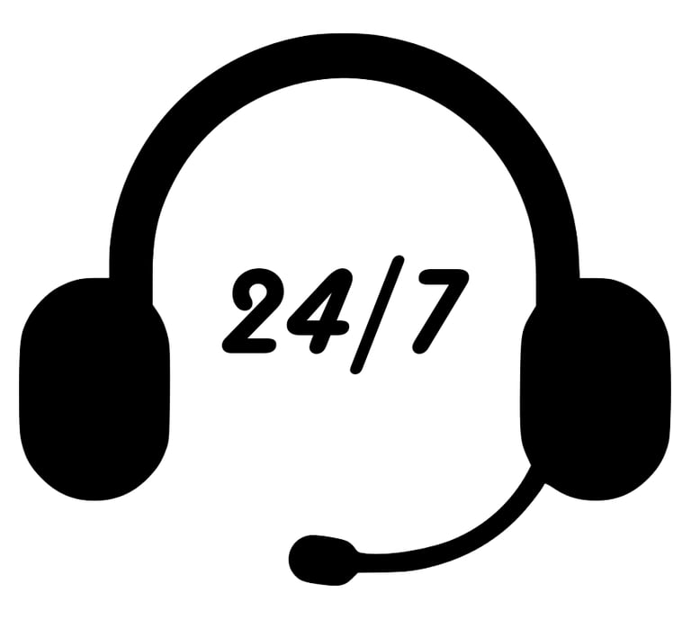 Black 24/7 customer support icon featuring a headset with a microphone for around-the-clock service.