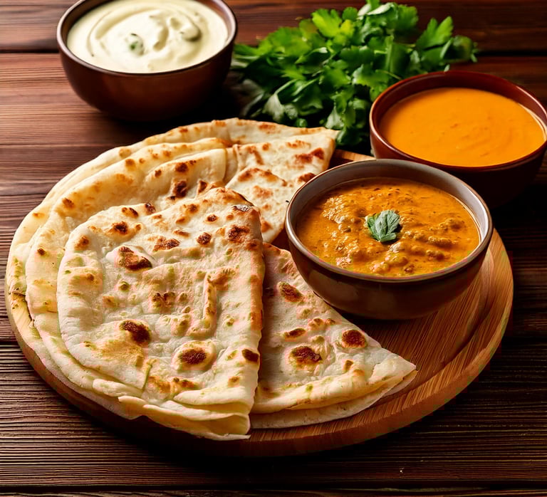 a plate with a bunch of naan breas and some sauces