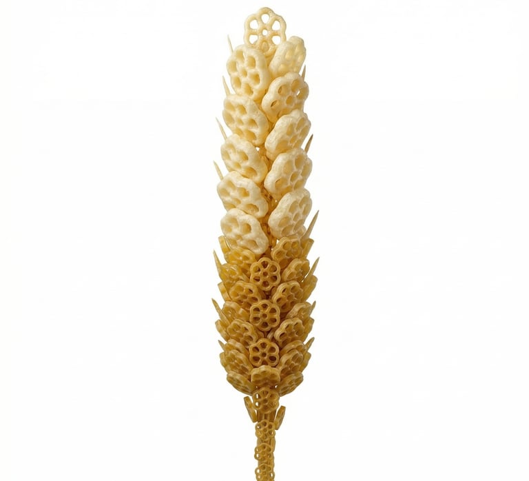 A creative stalk of wheat stalk made from rotelle pasta shapes on a white background.
