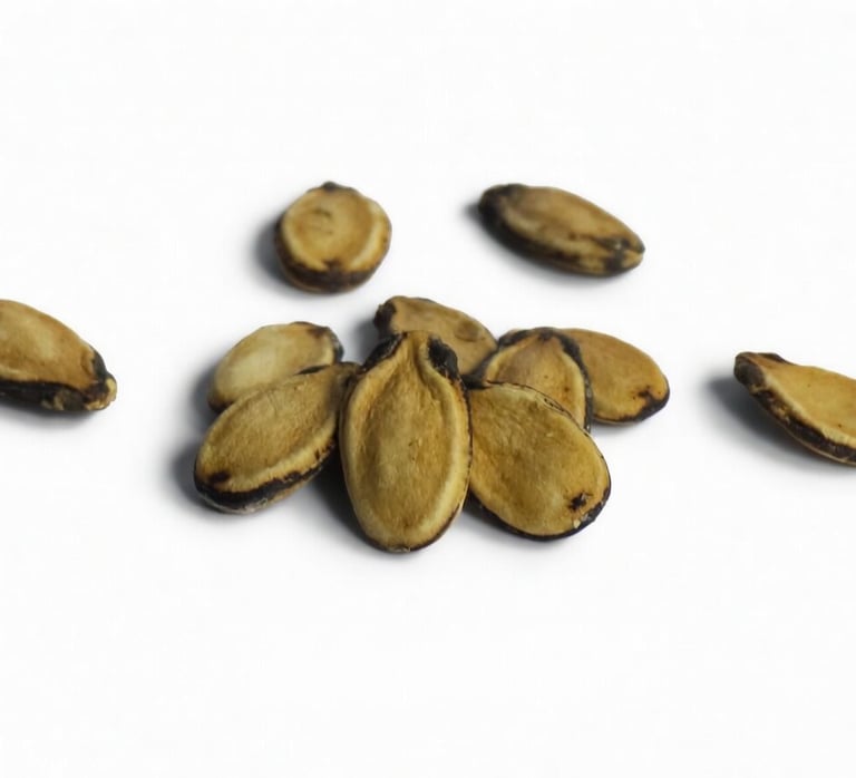 A small pile of dried watermelon seeds scattered on a white background.