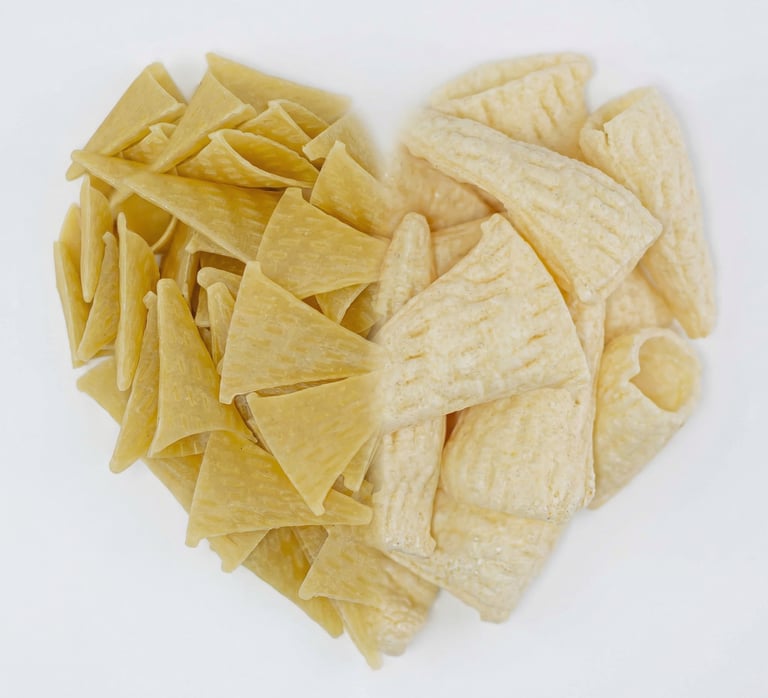 Raw and fried cone-shaped corn chips arranged in a heart shape on a white background.