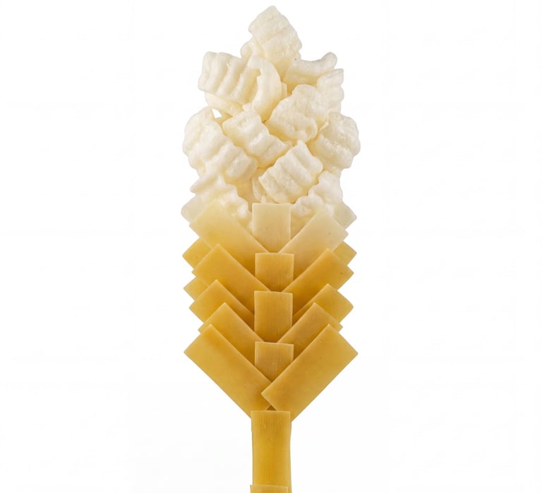 A single stalk of wheat artfully composed of dry pasta noodles and white snack puffs on a white background.