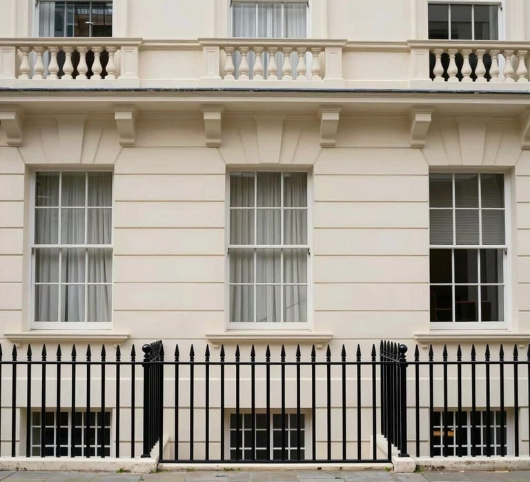 Straight-on architectural photograph of a classic cream-colored London townhouse exterior in Kensington, soft overcast daylight, elegant black iron railings, crisp details.