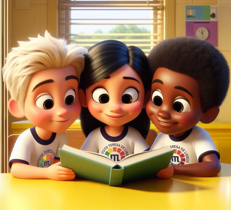 Três estudantes lendo um livro